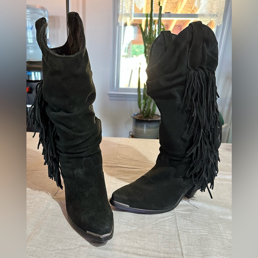EUC Black Suede slouchy fringe boots